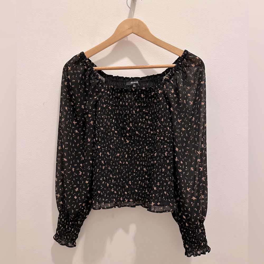 Madewell (Re)sourced Georgette Lucie Bubble-Sleeve Smocked Top in Stem Scatter